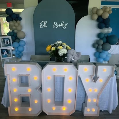 Oh Baby backdrop with BOY marquee letters and blue and taupe balloon garlands